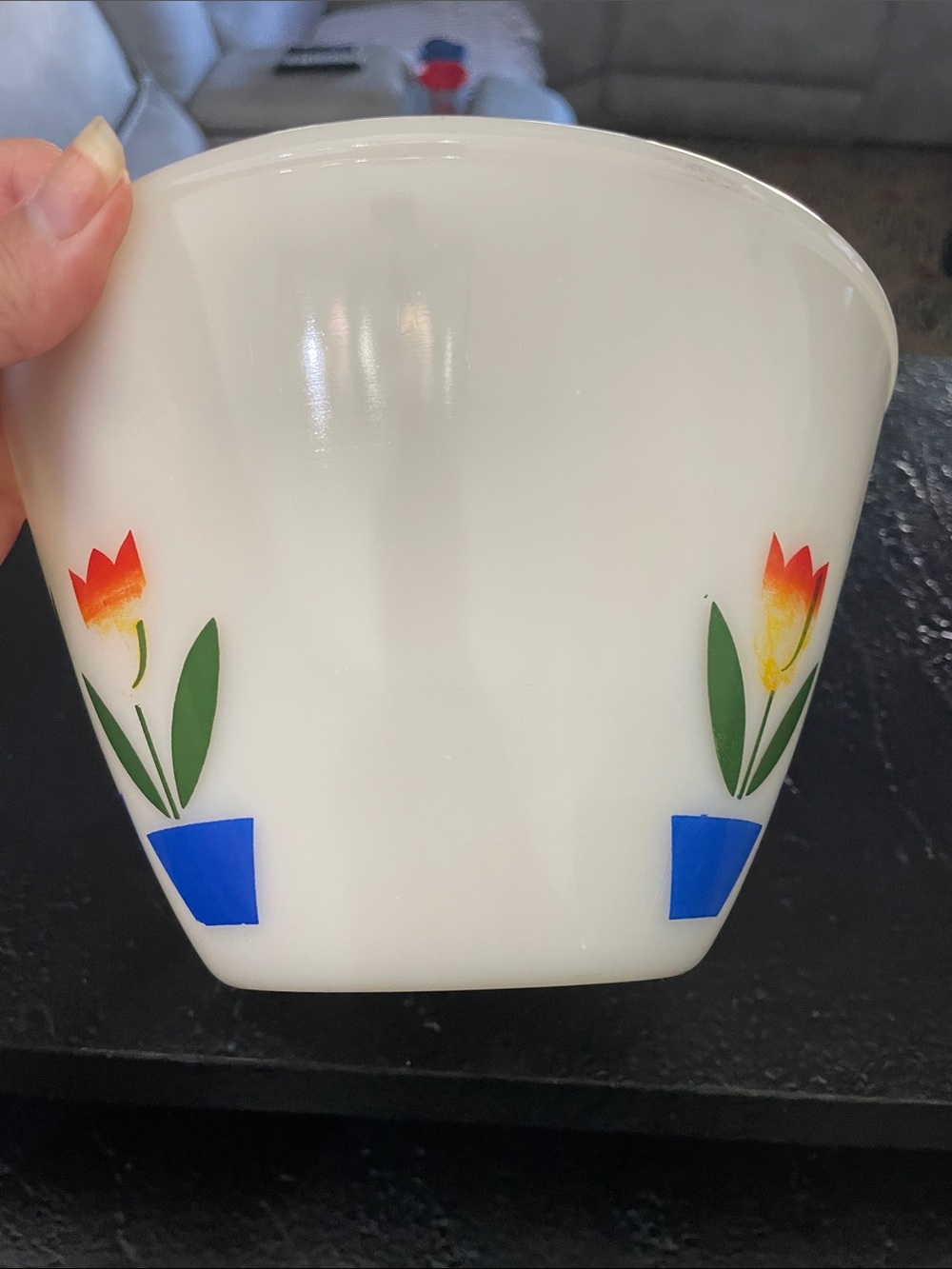 Fire King Milk Glass Floral Tulip Bowl in White with Red & Blue Accents - Picture 3 of 7